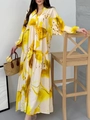 V-neck long-sleeve maxi dress in yellow and cream abstract watercolor floral print - S / Dresses / Yellow