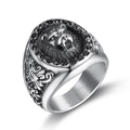 Vintage stainless steel lion head ring for men with black zircon accents and silver finish - Steel Color + Black Diamond 18206 (us Size) / Size 7