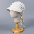 Detail of off-white cotton turban sun hat with adjustable back ribbons and pleated fabric - M(56-58cm) / White