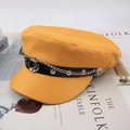 Classic yellow PU leather beret with black patent strap and silver anchor chain detail - One Size 57-58cm / Anchor Badge Style (船瞄黄色) / Yellow