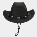Detail of black woven straw cowboy hat featuring silver metallic buckles and chin strap - Black