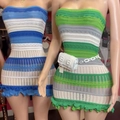 Handmade crochet knit bikini cover-up dress in blue and white striped strapless design - Adult Free Size / Blue Series Dress