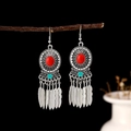Bohemian silver earrings with red and green beads and feather-shaped tassels - Red Green Beaded Feather Pendant Style (E4706-3)