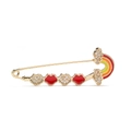 18K gold brooch with safety pin design featuring red hearts and a rainbow charm - Rainbow Heart Style (41319)