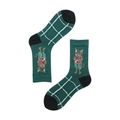 Green plaid cotton socks with whimsical cat jacquard pattern for women - 35-39 / Green Checkered Cat