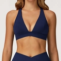 Dunkelblaues Yoga-Sport-BH-Set mit V-Ausschnitt und breitem Stützband sowie High-Waist-Hose - S / Mitternachtsblau