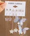 6-pair set of butterfly and pearl earrings in purple and blue, displayed on a card - Purple Butterfly Pearl Fabric Set (5583025)
