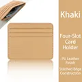 Slim khaki PU leather card holder with four card slots and reinforced stitching - PU Leather Surface / 4 Slots Stitched Edge / Khaki