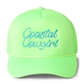 Close-up of neon green trucker hat with teal Coastal Cowgirl 3D embroidery detail - Fluorescent Green