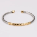 Detail view of two-tone stainless steel cable bangle with 18K gold plated geometric accents - Two-tone (Gold & Silver)