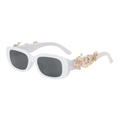 Close-up of golden dragon emblem on white oval sunglasses with dark lenses - Handmade Items Ship In 3-4 Days / C9
