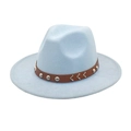 Detail of light blue wool fedora with brown leather strap and silver metal rivets - M (56-58cm) / Sky Blue