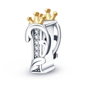 Silver letter I charm with gold crown and sparkling cubic zirconia for DIY jewelry - Letter I