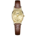 Elegant women's oval gold watch with champagne sunburst dial and brown leather strap - Gold Case Brown Leather Strap