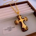 Baroque vintage cross pendant necklace with dark tortoiseshell resin and golden chain - Cross Pendant Necklace / 46# Necklace-Gold-Coffee