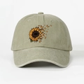 Vintage washed olive green cotton baseball cap with sunflower and butterfly print - One Size (Adjustable) / Light Khaki