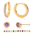 Detail showing gold earrings set with vibrant colorful zircon stones and tiny studs - Hoop and Stud Set / Gold - Purple Red