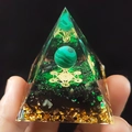 Green malachite crystal ball inside acrylic pyramid with sacred geometry patterns - XQK24 Malachite Ball
