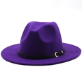 Detail of purple wool fedora hat with black leather band and gold metal buckle - M (56-58cm) / Purple
