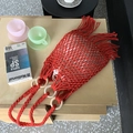 Handmade red macrame tote bag with fringe detail and wooden round handles for summer - Red (with Inner Bag)