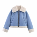 Dames denim jas met sherpa voering en rits, blauwe winter biker stijl voor koud weer - XS / Lichtblauw