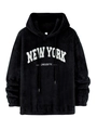 Detail view of New York Cheerful print and drawstring hood on black plush hoodie - S / Black
