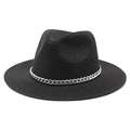 Dettaglio cappello fedora in paglia nera con elegante catena in metallo argento sulla fascia - M (56-58cm) / Nero