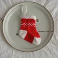 Knitted red Christmas stocking pendant with white heart pattern and 12cmx7cm size detail - Red White Wave Large Sock