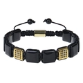 Detail of hand-woven bracelet with 10mm square malachite and gold micro-pave charms - Black Agate Bracelet
