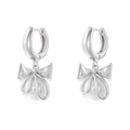 Elegant silver bow earrings with zircon crystals and round pearls on white background - Bowknot Style Silver (VE1348)