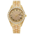 Close-up of golden hip-hop watch with crystal dial, Roman numerals and date window - Gold Style 1