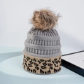 Winter knit beanie in grey with leopard print trim and brown faux fur pom pom - M (56-58cm) / Gray