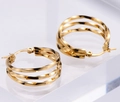 Polished gold stainless steel hoop earrings with three-layer twisted band design - Triple Twisted Band Earrings (AMLEH110)