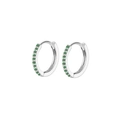 Silver stainless steel huggie earrings with emerald green zircon channel setting - Silver Hoop Earrings Pair