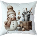 Kerst kussenhoes met sneeuwpop en champagne illustratie op wit doek - Stijl 2