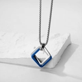 Men hip hop geometric necklace featuring double-layer rhombus blue pendant with box chain - Silver Blue Square Necklace / With Chain