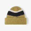 Winter striped wool knit beanie featuring fuzzy texture in yellow white and black - Ginger Yellow