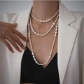 French vintage multi-layer long pearl necklace with diamond accents and opal cross pendant - 8# Necklace—White Glass Pearl
