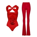 Red halter bodysuit with 3D flower and high-waisted flared pants two-piece set - S / Hollow Flower Bodysuit and Pants Set