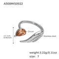 Adjustable stainless steel ring with pear-cut brown zircon and feather carving details - US 7 / Steel Champagne Zircon (A508)