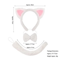 Driedelige set witte pluche kattenoren, vlinderdas en staart met afmetingen - Witte Vacht Hart Kat 3 stuks Set (Hoofdband/Strik/Staart)