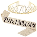 Golden 70th birthday set with rhinestone tiara and 70 & Fabulous glitter sash - Gold 70 & Fabulous Set