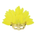 Venetian style metal filigree half mask with vibrant yellow feathers for masquerade - Golden Feather Fox
