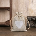 Linen jewelry gift pouch in natural color with a white heart pattern and drawstring - 8*10cm / Beige Grey