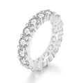 Macro view of 4mm eternity ring with round brilliant-cut stones in prong setting - US 6 / White Gold
