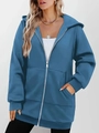 Detail of Morandi blue zip-up hoodie showing drawstring hood and metal zipper closure - Lake Blue