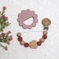 Silicone lion teether set with wooden beech clip and purple beaded pacifier chain - Lion Teether + Beaded Chain / Caramel color