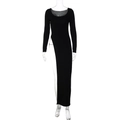 Detail shot of the ultra-high side slit on this slim fit long sleeve black maxi dress - S / Black