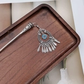 Ethnic Miao silver hair stick with red floral pendant and leaf tassels on wood tray - F0742 Hair Stick-19# (Blue Red Flower Leaf Tassel)