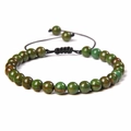 Adjustable natural green jasper stone beaded bracelet with black woven cord detail - 6mm / Green Jade